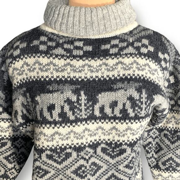 Vintage 90s Eddie Bauer Gray Black Moose Nordic Fair Isle Turtleneck Sweater - Picture 2 of 11